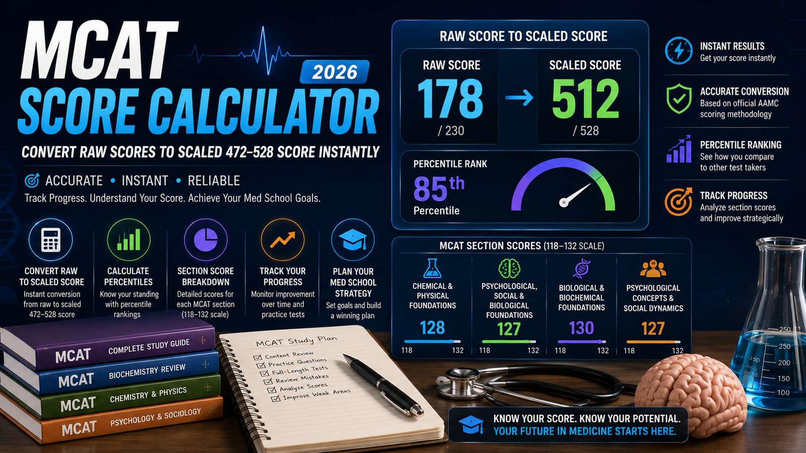MCAT Score Calculator 2026: Convert Raw Scores to Scaled 472-528 Score