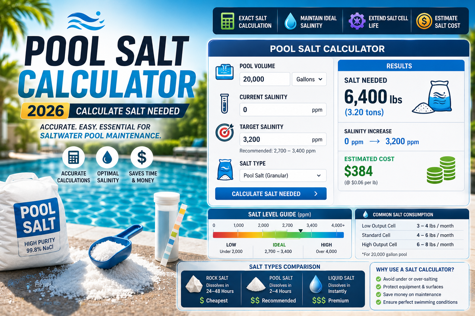 Pool Salt Calculator 2026: Calculate Salt Needed for Saltwater Pools
