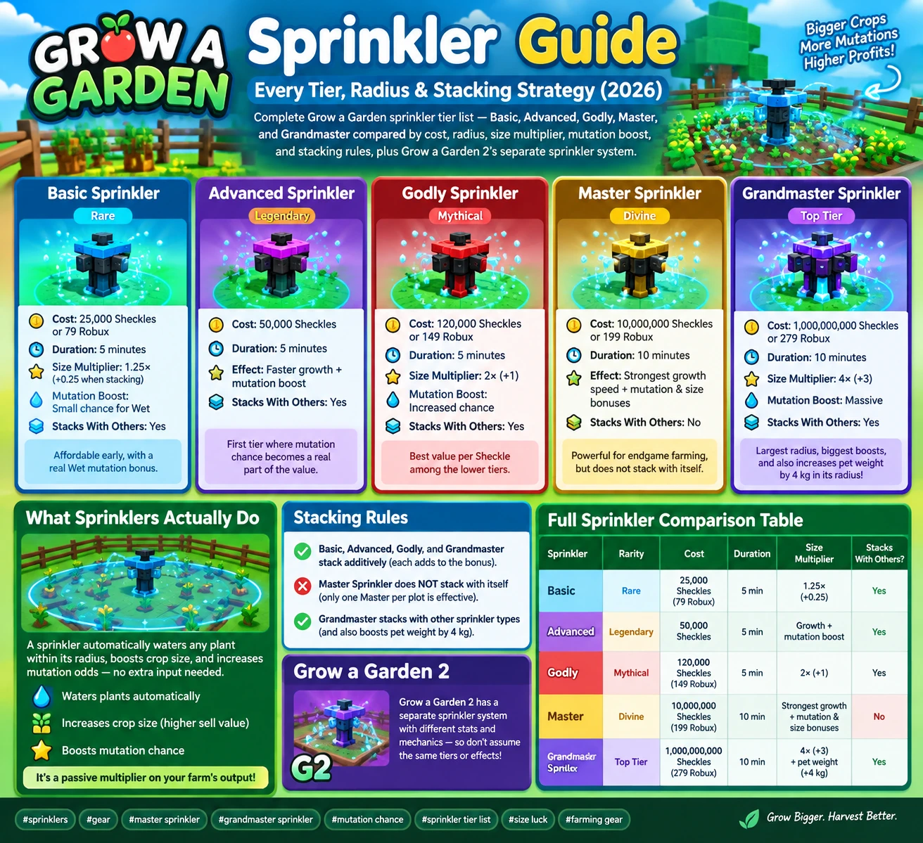 Grow a Garden Sprinkler Guide: Every Tier, Radius & Stacking Strategy (2026)