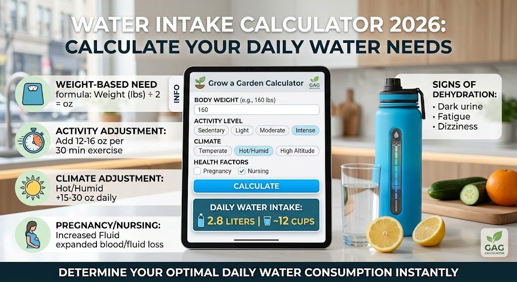 Water Intake Calculator 2026: Calculate Daily Water Needs Instantly